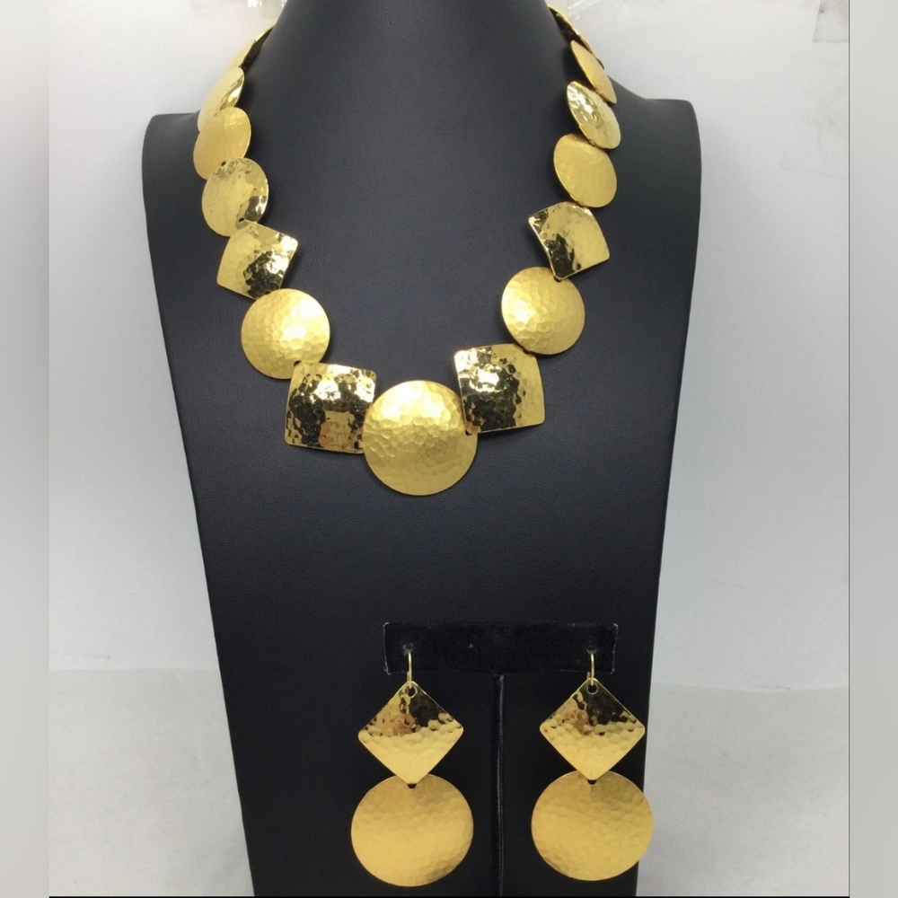 Napier Yellow Goldtone Hammered Geometric Necklace & Earrings Set
